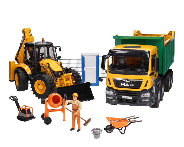 Bruder 03766 MAN TGS wywrotka i koparka JCB 5CX 02454 oraz zestaw akcesoriów budowlanych