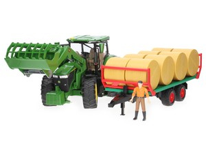 Zestaw Bruder traktor John Deere 03151 z ładowaczem + przyczepa do bel 02220 + figurka 60007