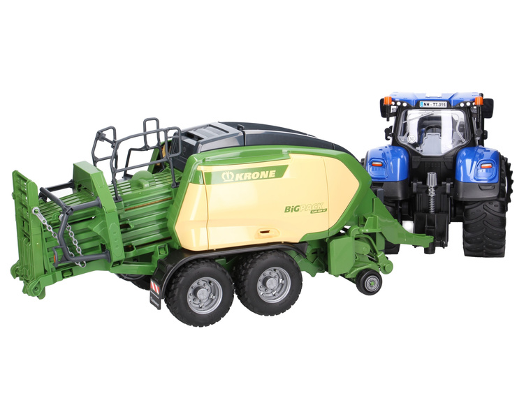 Bruder 03121 ciągnik New Holland + Bruder 02033 prasa kostkująca Krone Big Pack 1290 HDP VC z 2 kostkami