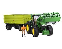Zestaw Bruder traktor John Deere 03151 z ładowaczem + przyczepa 02203 + figurka 60007