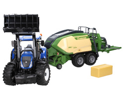 Bruder 03121 ciągnik New Holland + Bruder 02033 prasa kostkująca Krone Big Pack 1290 HDP VC z 2 kostkami