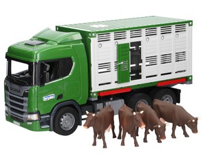 Bruder 03548 Scania do przewozu zwierząt z czterema krowami