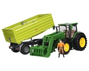 Zestaw Bruder traktor John Deere 03151 z ładowaczem + przyczepa 02203 + figurka 60007