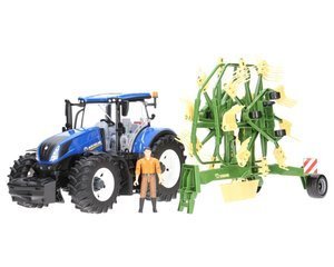 Zestaw Bruder traktor New Holland 03120 + zgrabiarka Krone 02216 + figurka rolnika 60007