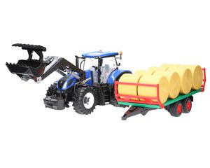 Zestaw Bruder traktor New Holland 03121 + przyczepa do balotów 02220 