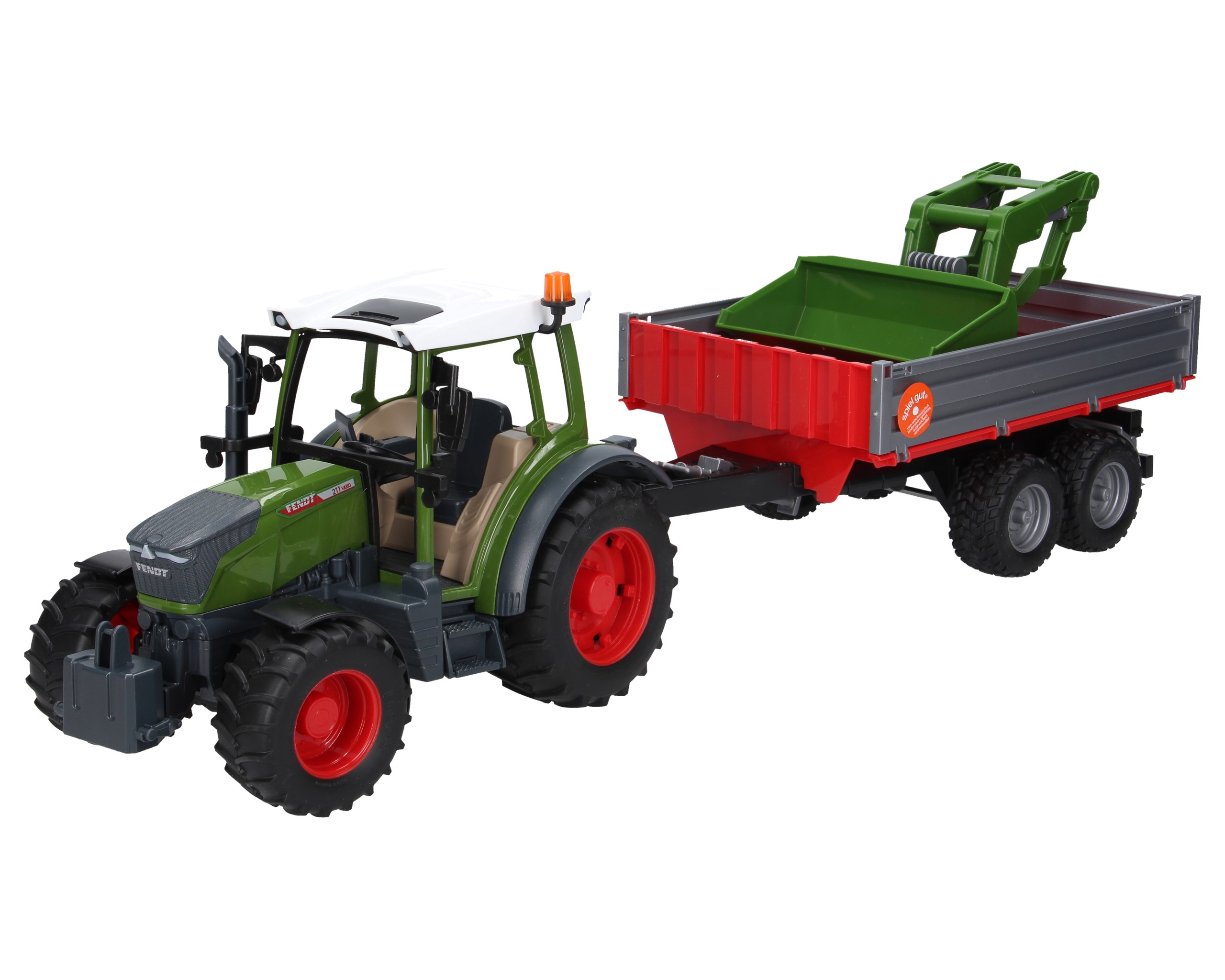 Bruder 02182 traktor Fendt Vario 211 z ładowaczem czołowym i przyczepą