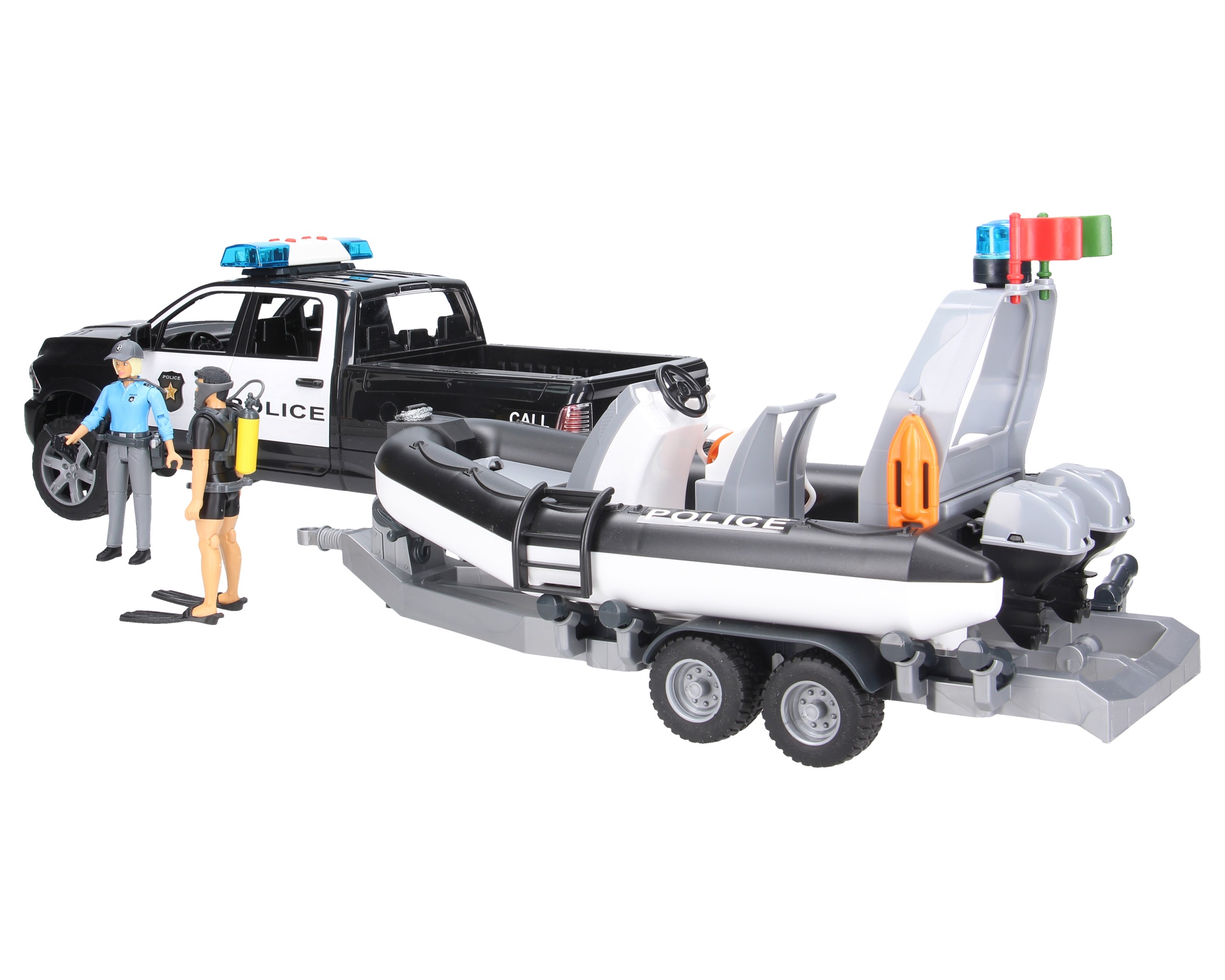 Bruder 02507 Pick-up policja RAM 2500 policyjny z łodzią figurką policjanta oraz nurka
