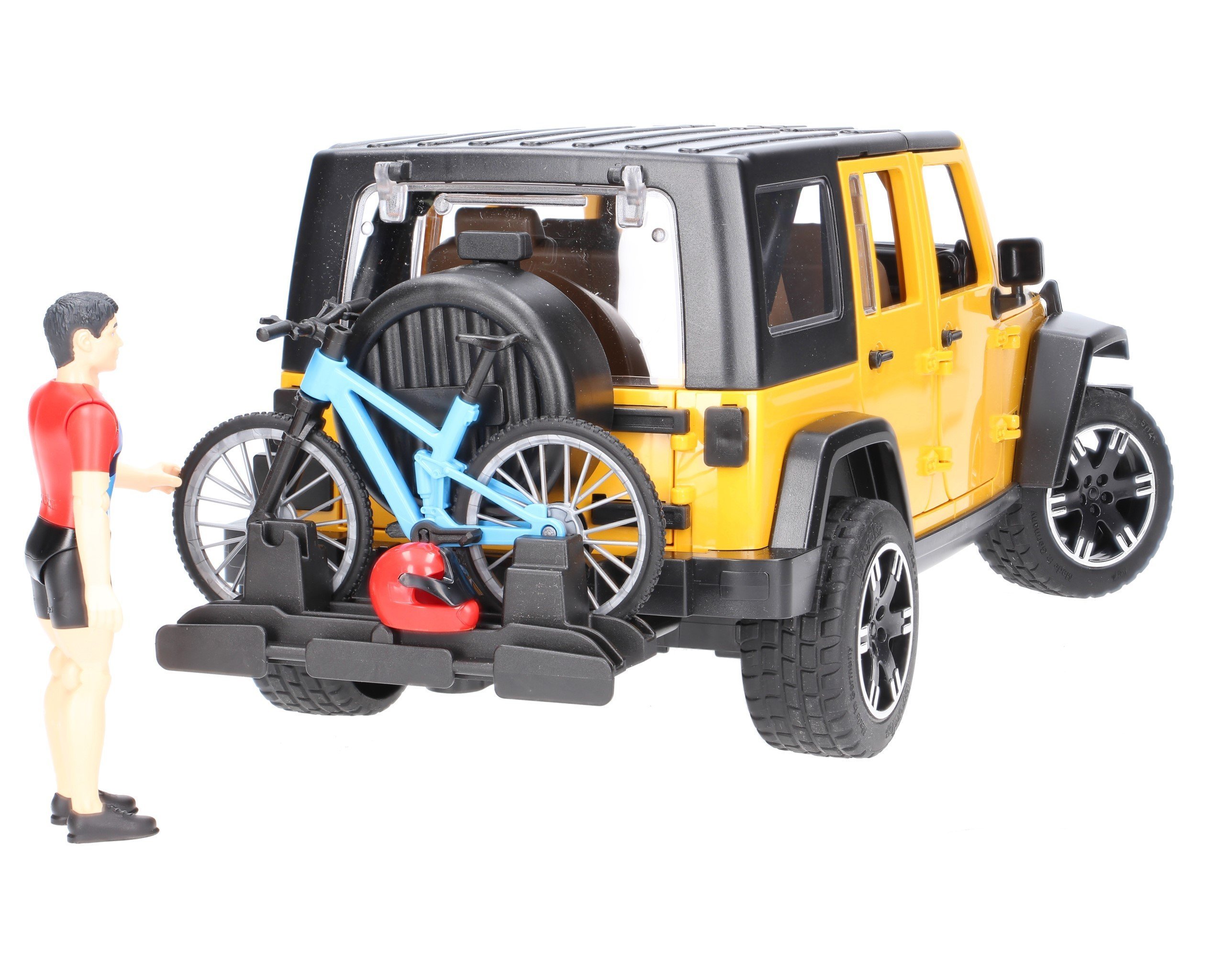 Bruder 02543 Jeep Wrangler Rubicon z figurką kolarza i rowerem górskim