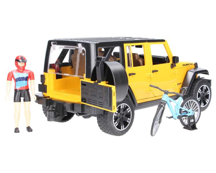 Bruder 02543 Jeep Wrangler Rubicon z figurką kolarza i rowerem górskim