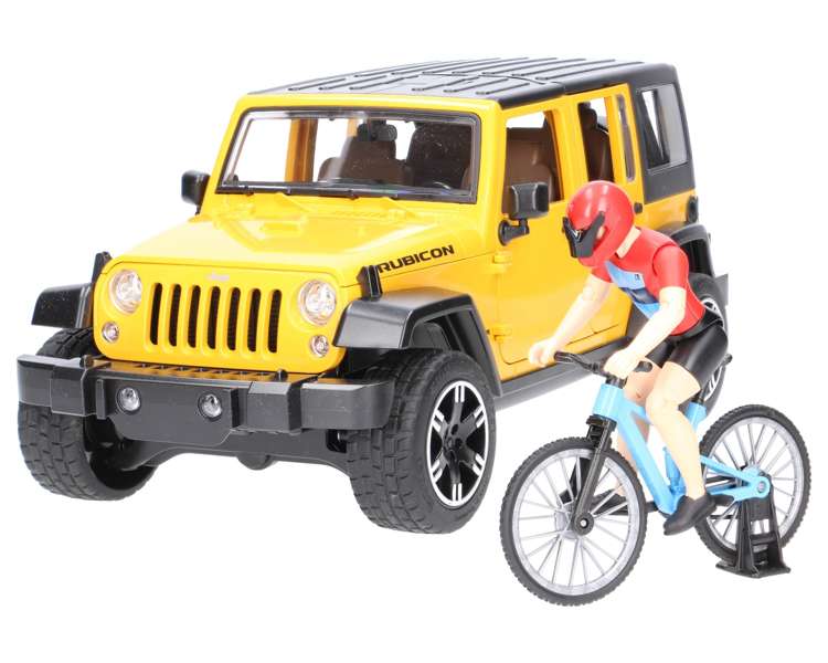 Bruder 02543 Jeep Wrangler Rubicon z figurką kolarza i rowerem górskim