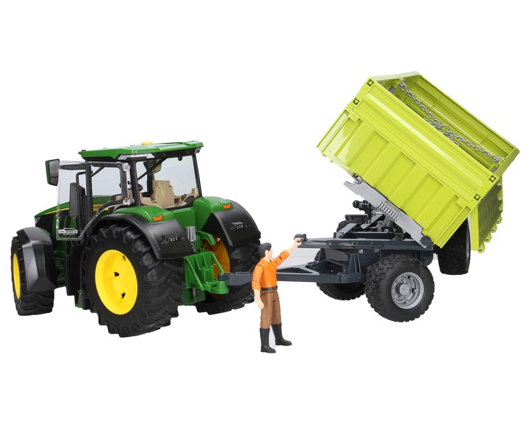Zestaw Bruder traktor John Deere 03150 + przyczepa 02203 + figurka 60007 