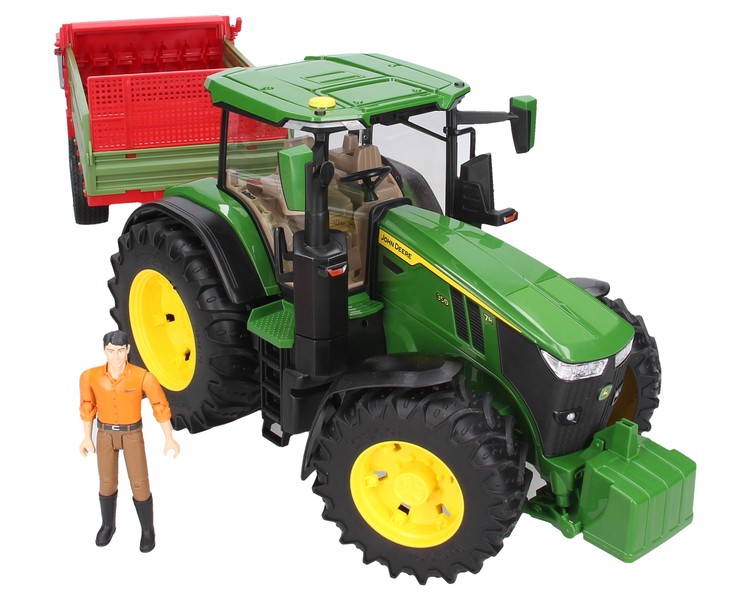 Zestaw Bruder traktor John Deere 03150 + rozrzutnik 02209 + figurka 60007