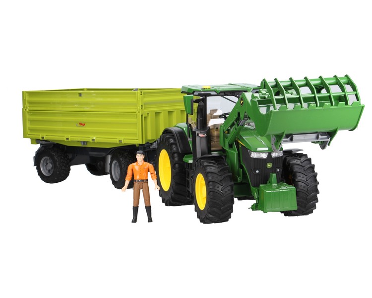 Zestaw Bruder traktor John Deere 03151 z ładowaczem + przyczepa 02203 + figurka 60007