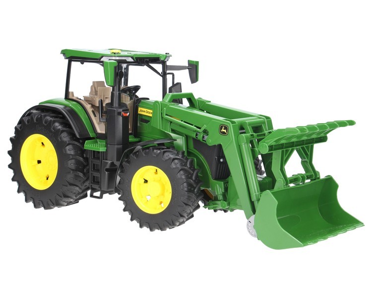 Zestaw Bruder traktor John Deere 03151 z ładowaczem + przyczepa 02203 + figurka 60007