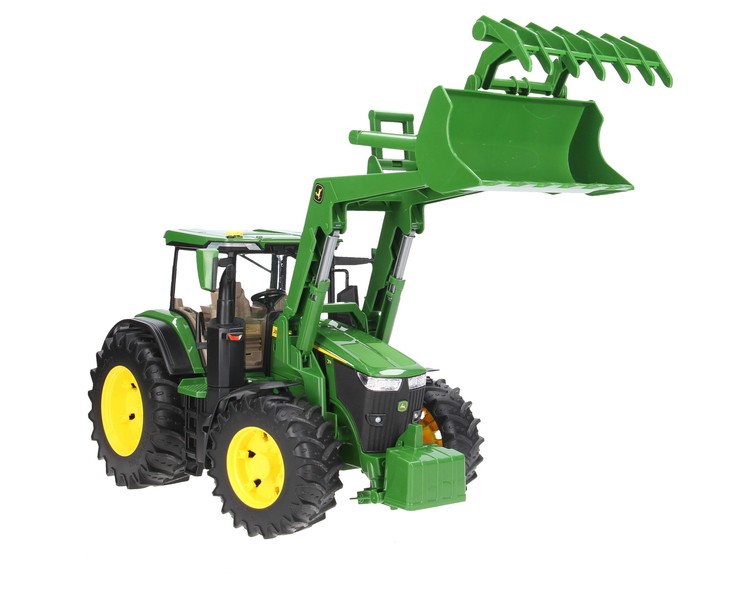 Zestaw Bruder traktor John Deere 03151 z ładowaczem + przyczepa 02203 + figurka 60007