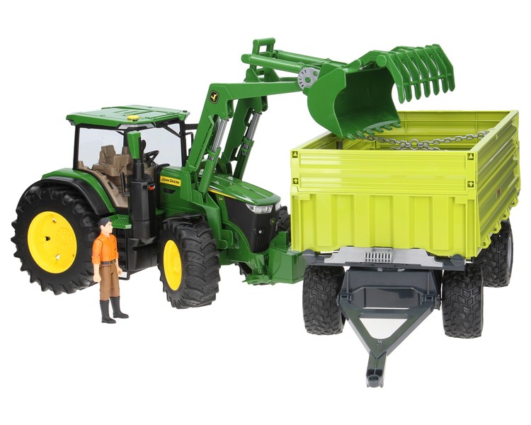 Zestaw Bruder traktor John Deere 03151 z ładowaczem + przyczepa 02203 + figurka 60007