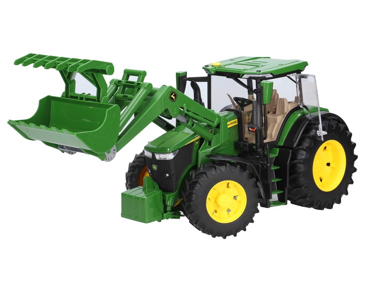 Zestaw Bruder traktor John Deere 03151 z ładowaczem + przyczepa 02203 + figurka 60007