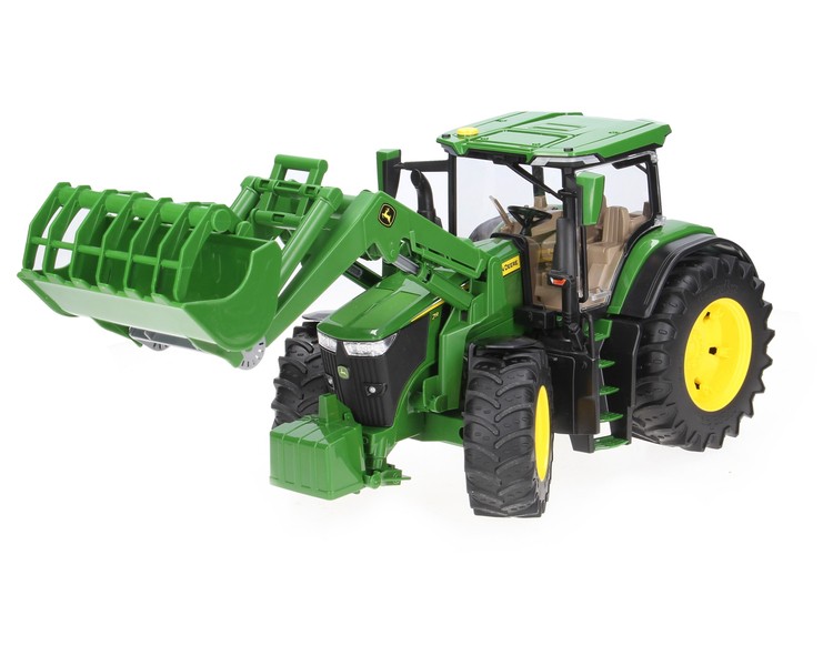 Zestaw Bruder traktor John Deere 03151 z ładowaczem + przyczepa do bel 02220 + figurka 60007