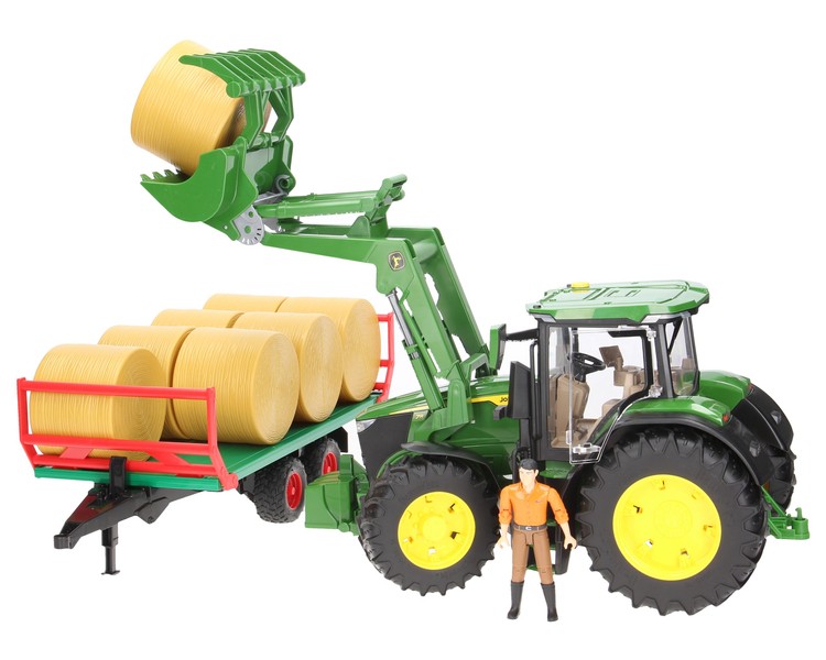 Zestaw Bruder traktor John Deere 03151 z ładowaczem + przyczepa do bel 02220 + figurka 60007