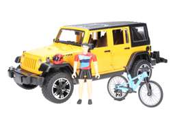 Bruder 02543 Jeep Wrangler Rubicon z figurką kolarza i rowerem górskim