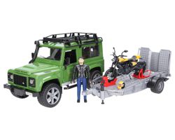 Bruder 02589 Land Rover Defender z przyczepą, motocyklem i figurką 