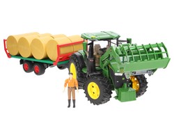 Zestaw Bruder traktor John Deere 03151 z ładowaczem + przyczepa do bel 02220 + figurka 60007