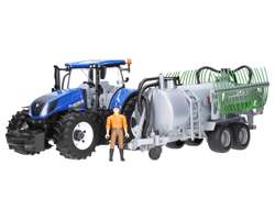 Zestaw Bruder traktor New Holland 03120 + beczkowóz Fliegl 02020 + figurka rolnika
