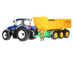 Zestaw Bruder traktor New Holland 03120 + przyczepa z wywrotem Joskin 02212 + figurka