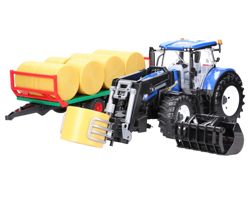 Zestaw Bruder traktor New Holland 03121 + przyczepa 02220 + chwytak do balotów 02332