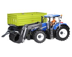 Zestaw Bruder traktor New Holland 03121 + przyczepa z wywrotem oraz figurka mężczyzny 